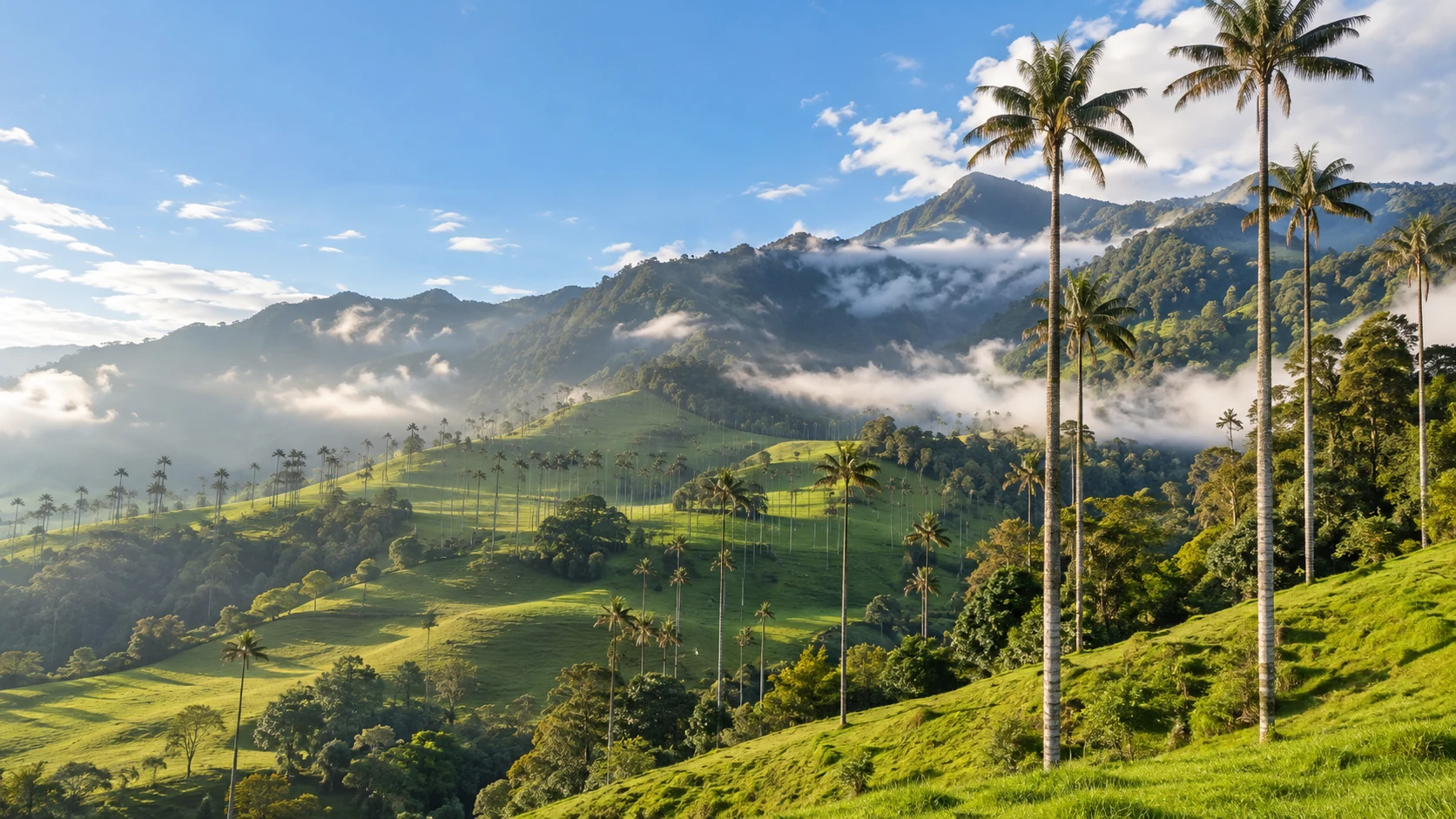 Paisaje del Valle del Cocora, entre montañas y palmas de cera