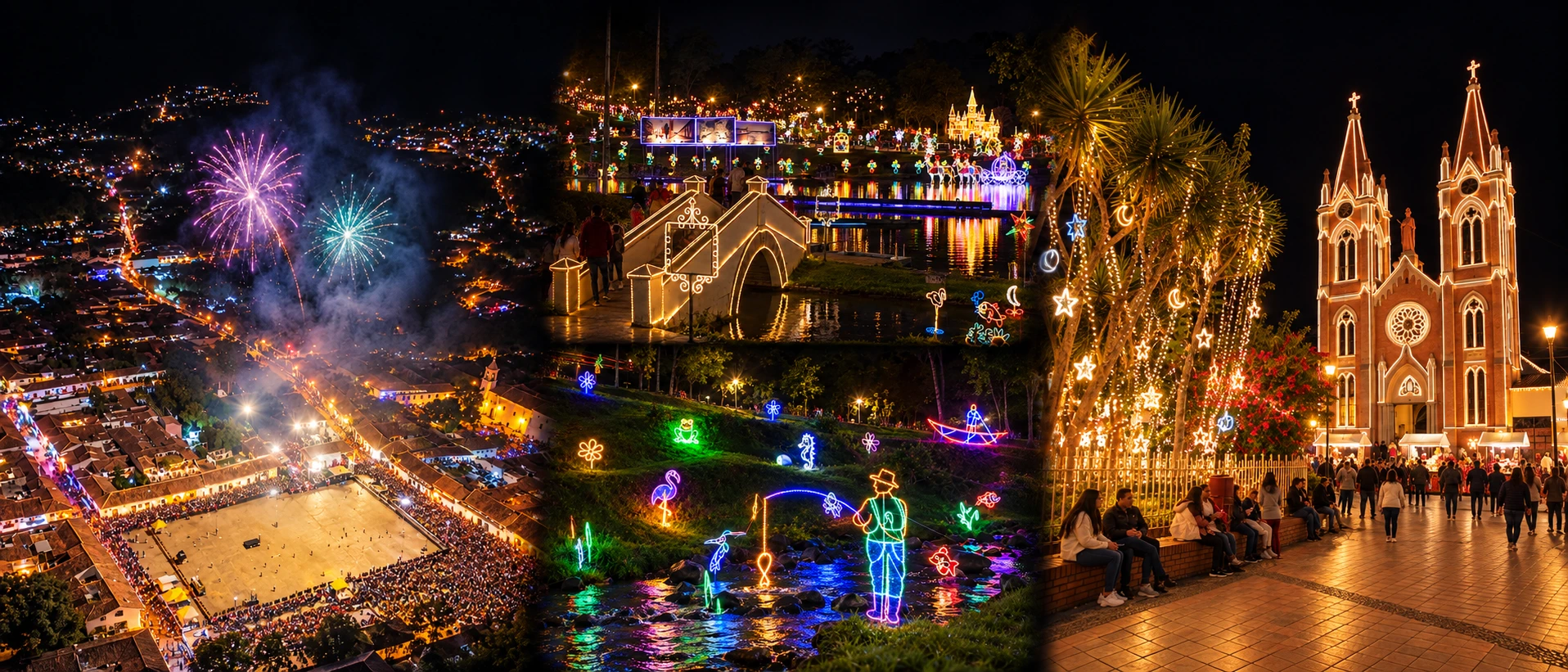 Collage publicitario del alumbrado navideño en Boyacá: plaza, puente, figuras iluminadas e iglesia