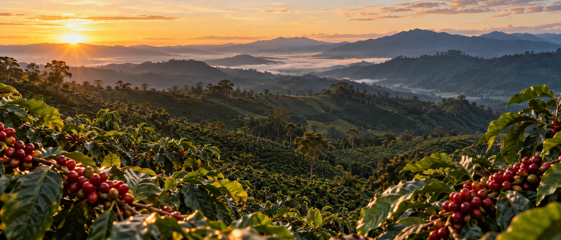 Paisaje cafetero con frutos de café en primer plano