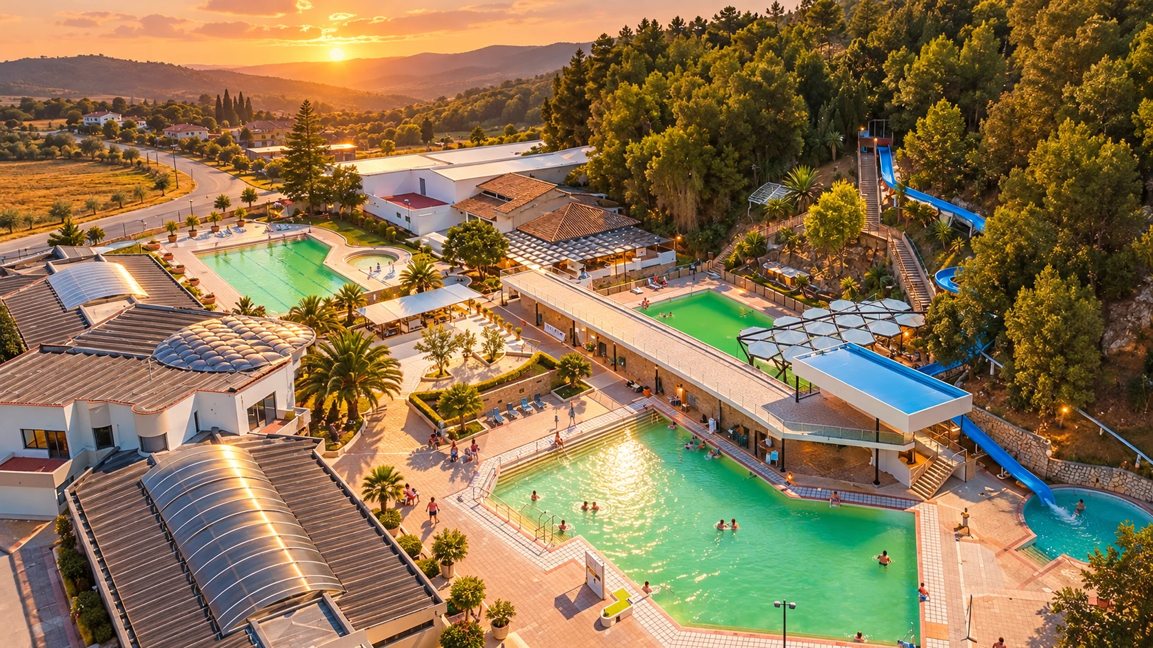 Recreación publicitaria de los termales de Paipa al atardecer, basada en una fotografía real